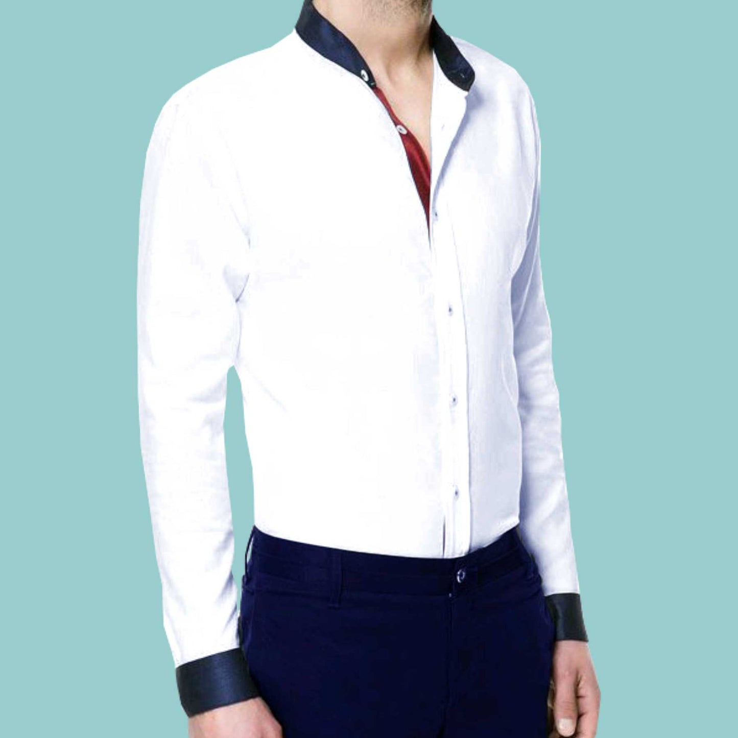 White Men Band Collar Shirt Contrasting Trim Grandad Chinese Mandarin Collar Giza Cotton Shirt Wedding Wear Dress Shirt Gift For Him