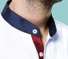 White Men Band Collar Shirt Contrasting Trim Grandad Chinese Mandarin Collar Giza Cotton Shirt Wedding Wear Dress Shirt Gift For Him