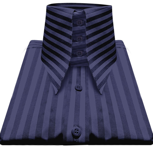 Karl Lagerfeld Style High Long Point Navy Blue Striped Men Dress Shirt Tall Neck Stiff Collar Shirt Goodfellas Vintage Collar 1970s 80s