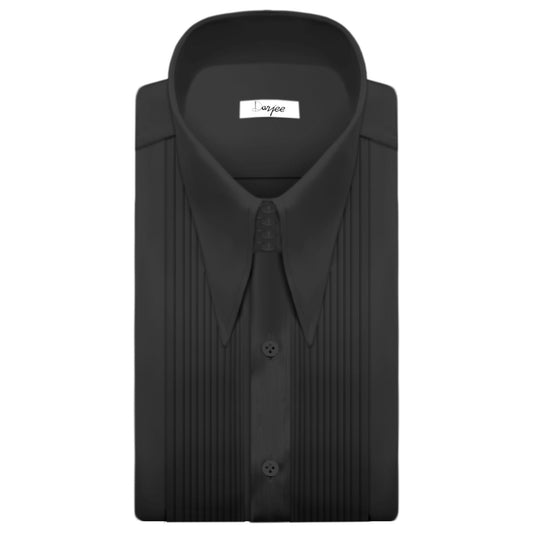 High Long Forword Pointed Onepiece Black Shirt for Men Tall Neck Stiff Collar Shirt Contrast Buttons Large Collar Vintage Karl lagerfeld Style Shirt