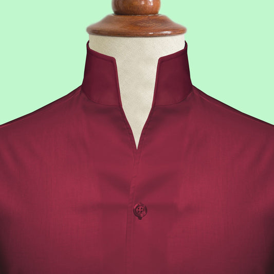 Dark Red One Piece Collar Shirt For Men Gift Giza Cotton Satin High Tall Neck Stiff Collar Shirt Chinese Mandarin Band Collar Dress Shirt