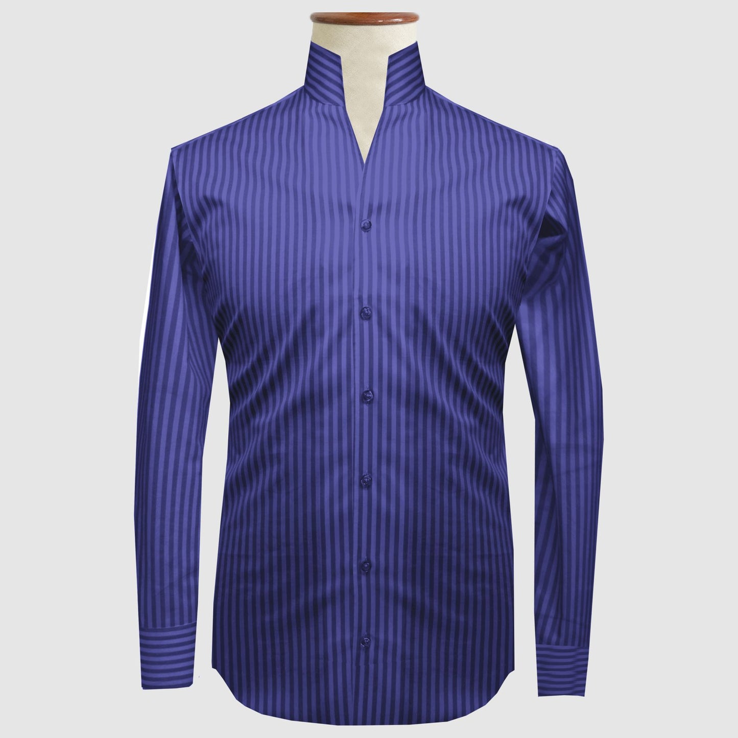 Navy Blue Striped One Piece Collar Shirt For Men Gift Giza Cotton Satin High Tall Neck Stiff Collar Shirt Chinese Mandarin Band Collar Dress Shirt