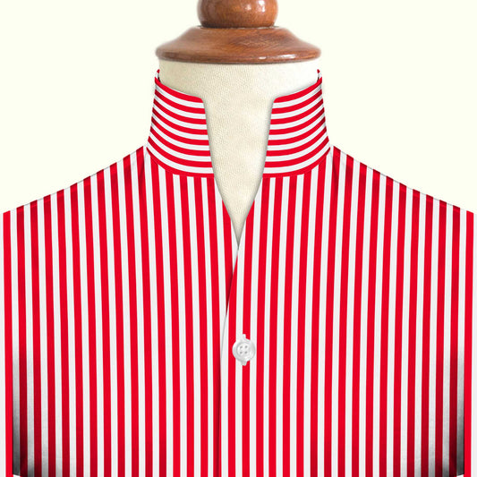 Red Striped One Piece Collar Shirt For Men Gift Giza Cotton Satin High Tall Neck Stiff Collar Shirt Chinese Mandarin Band Collar Dress Shirt