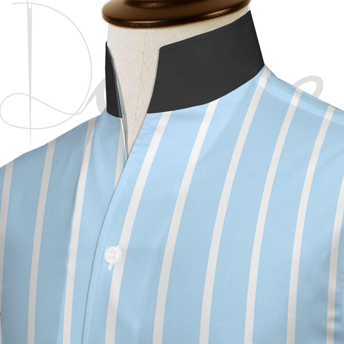 Sky Blue Striped One Piece Collar Shirt For Men Gift Giza Cotton Satin High Tall Neck Stiff Collar Shirt Chinese Mandarin Band Collar Dress Shirt