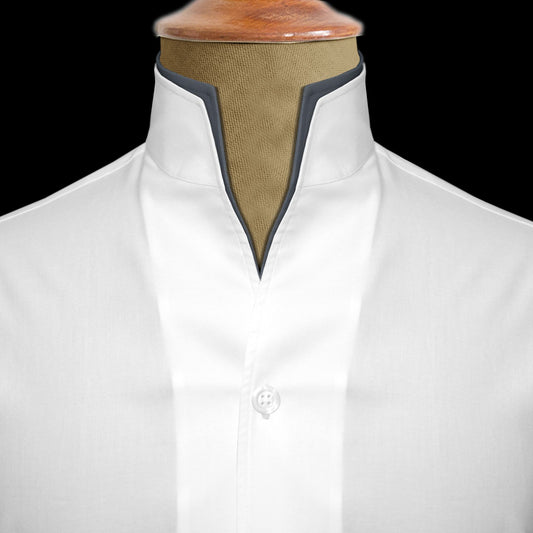 Men White Shirt Double High Collar Shirt Buttonless V Collar Shirt High Tall Neck Mandarin Collar Contrast Inner High Band Collar Shirt