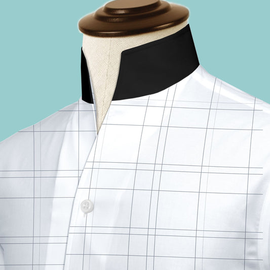 White Plaid Checks Men's Shirt High Collar Shirt Buttonless V Collar Shirt High Tall Neck Collar China High Band Collar Cotton Dress Shirt
