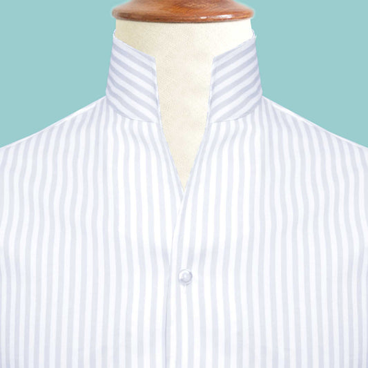 White Checks Men's Shirt High Collar Shirt Buttonless V Collar Shirt High Tall Neck Collar China High Band Collar Cotton Dress Shirt