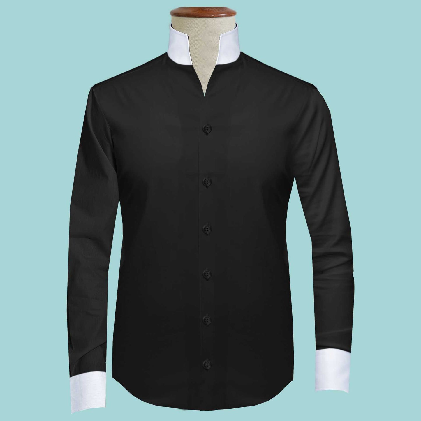 Solid Black Men's Shirt High Collar Shirt Buttonless V Collar Shirt High Tall Neck Collar China High Band Collar Cotton Dress Shirt