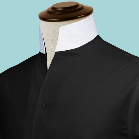 Solid Black Men's Shirt High Collar Shirt Buttonless V Collar Shirt High Tall Neck Collar China High Band Collar Cotton Dress Shirt