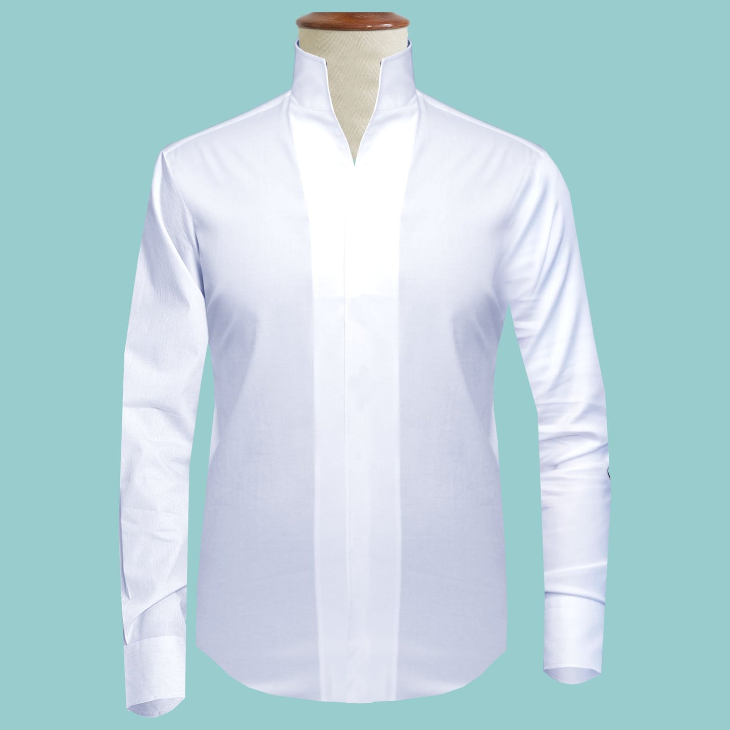 High Open Collar White Shirt Concealed Placket Men's One Piece Dress Shirt Tall V Neck China Mandarin Stiff Collar Easy Iron Work Wear Shirt