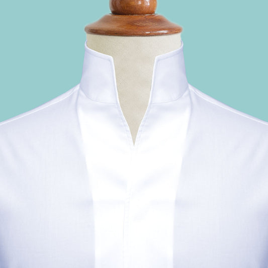 High Open Collar White Shirt Concealed Placket Men's One Piece Dress Shirt Tall V Neck China Mandarin Stiff Collar Easy Iron Work Wear Shirt