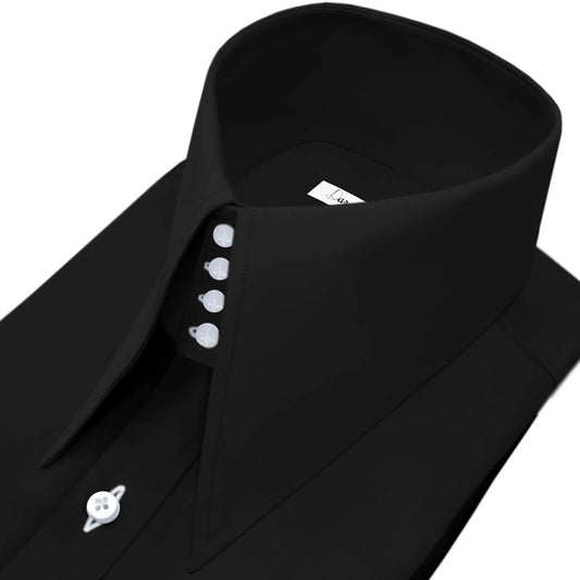 High Long Forword Pointed Black Shirt for Men Tall Neck Stiff Collar Shirt Contrast Buttons Large Collar Vintage Karl lagerfeld Style Shirt