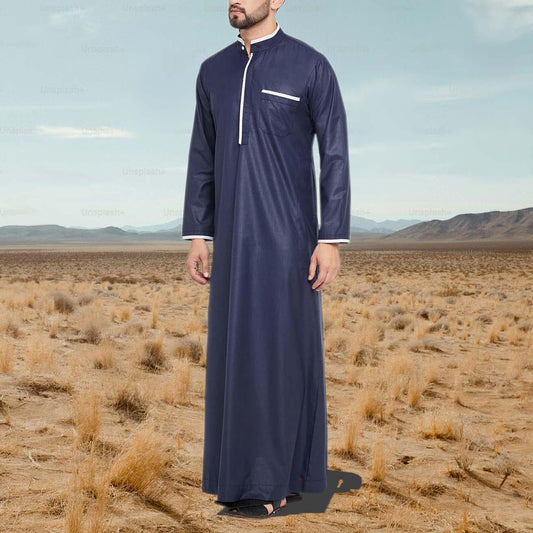 Navy Blue Men Emirati Thobes Jubbah Arab Thobe Contrast Piping Galabiyya Islamic Wear Islamic Muslim Wear Robes for Men Eid Special Wear