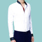 White Men Band Collar Shirt Contrasting Trim Grandad Chinese Mandarin Collar Giza Cotton Shirt Wedding Wear Dress Shirt Gift For Him