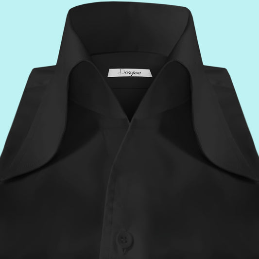 High Long Forword Pointed Black Shirt for Men Tall Neck Stiff Collar Shirt Contrast Buttons Large Collar Vintage Karl lagerfeld Style Shirt (Copy)