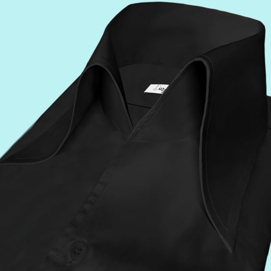 High Long Forword Pointed Black Shirt for Men Tall Neck Stiff Collar Shirt Contrast Buttons Large Collar Vintage Karl lagerfeld Style Shirt (Copy)