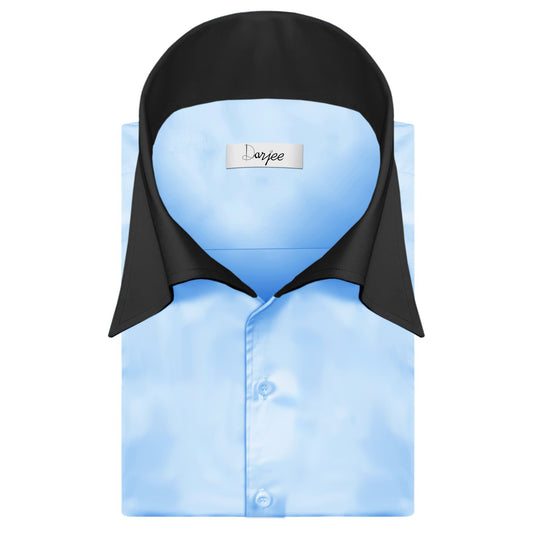 High Long Forword Pointed Onepiece Sky Blue Shirt for Men Tall Neck Stiff Collar Shirt Contrast Buttons Large Collar Vintage Karl lagerfeld Style Shirt