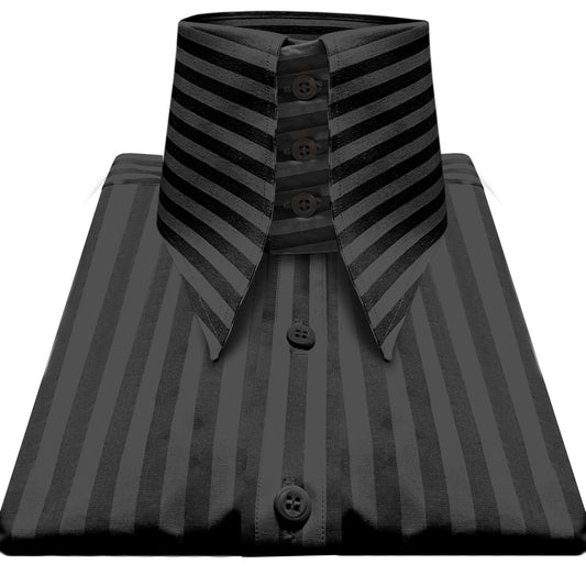 High Long Forword Pointed Black Shirt for Men Tall Neck Stiff Collar Shirt Contrast Buttons Large Collar Vintage Karl lagerfeld Style Shirt