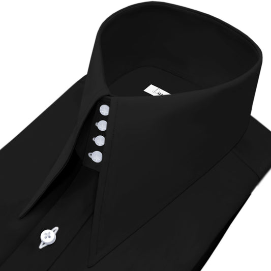 High Long Forword Pointed Black Shirt for Men Tall Neck Stiff Collar Shirt Contrast Buttons Large Collar Vintage Karl lagerfeld Style Shirt