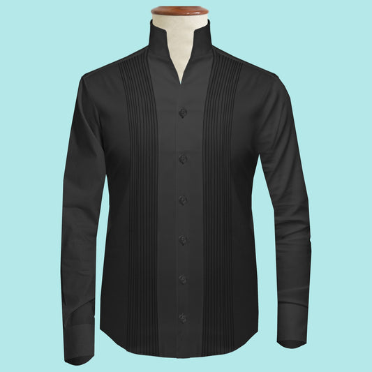 Black Men Shirt High Open Neck Collar Shirt Tuxedo Placket V Collar Shirt High Tall Neck Collar China High Band Collar Cotton Dress Shirt