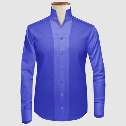 Royal Blue One Piece Collar Shirt For Men Gift Giza Cotton Satin High Tall Neck Stiff Collar Shirt Chinese Mandarin Band Collar Dress Shirt