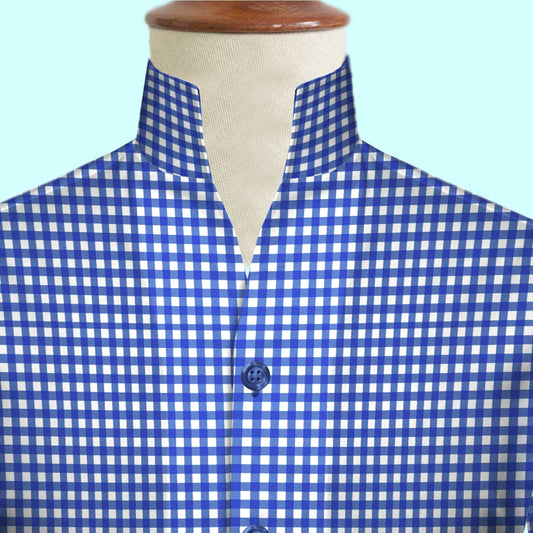 Blue Gingham Checks One Piece Collar Shirt For Men Gift Giza Cotton Satin High Tall Neck Stiff Collar Shirt Chinese Mandarin Band Collar Dress Shirt