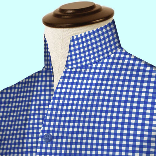 Blue Gingham Checks One Piece Collar Shirt For Men Gift Giza Cotton Satin High Tall Neck Stiff Collar Shirt Chinese Mandarin Band Collar Dress Shirt