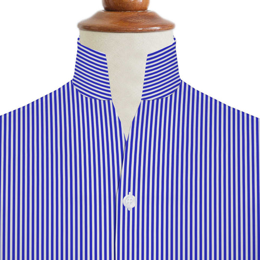 Blue Pinstripes One Piece Collar Shirt For Men Gift Giza Cotton Satin High Tall Neck Stiff Collar Shirt Chinese Mandarin Band Collar Dress Shirt