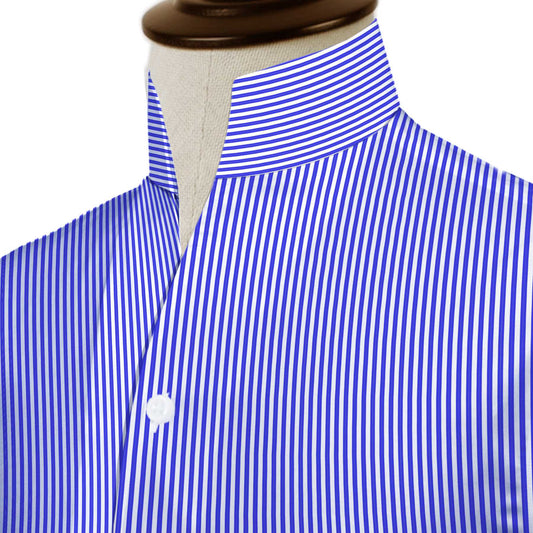 Blue Pinstripes One Piece Collar Shirt For Men Gift Giza Cotton Satin High Tall Neck Stiff Collar Shirt Chinese Mandarin Band Collar Dress Shirt