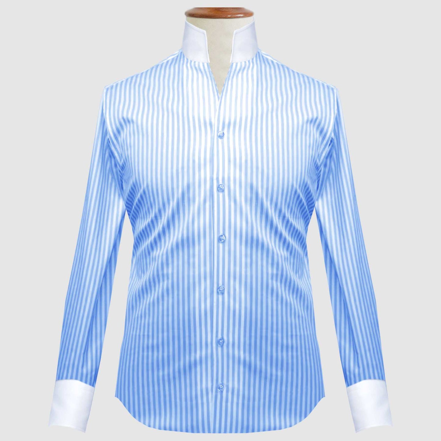 Sky Blue Striped One Piece Collar Shirt For Men Gift Giza Cotton Satin High Tall Neck Stiff Collar Shirt Chinese Mandarin Band Collar Dress Shirt