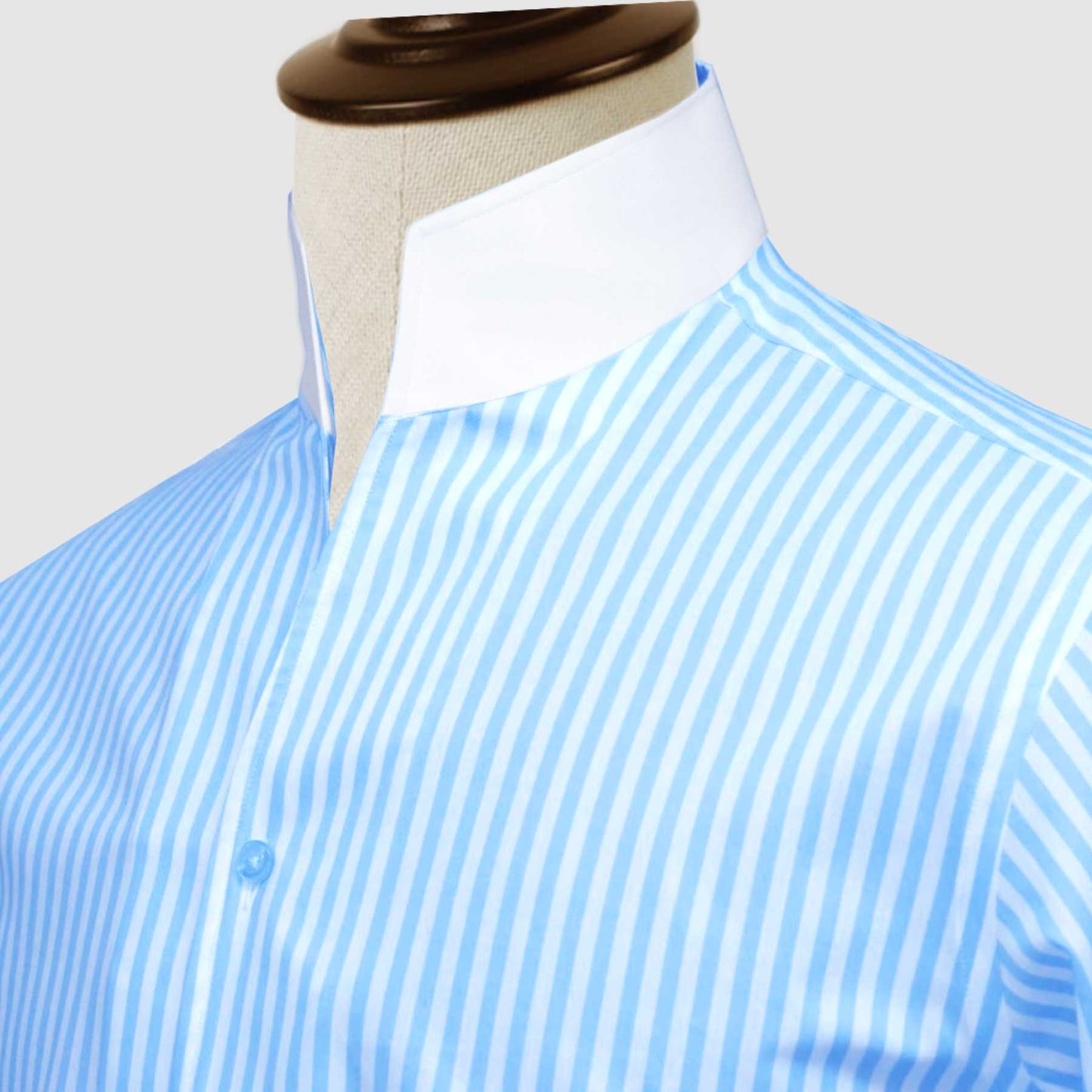 Sky Blue Striped One Piece Collar Shirt For Men Gift Giza Cotton Satin High Tall Neck Stiff Collar Shirt Chinese Mandarin Band Collar Dress Shirt