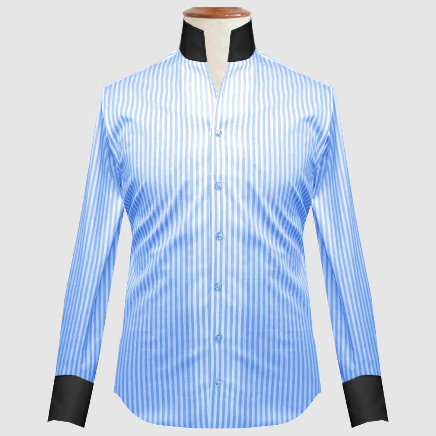Sky Blue Striped One Piece Collar Shirt For Men Gift Giza Cotton Satin High Tall Neck Stiff Collar Shirt Chinese Mandarin Band Collar Dress Shirt