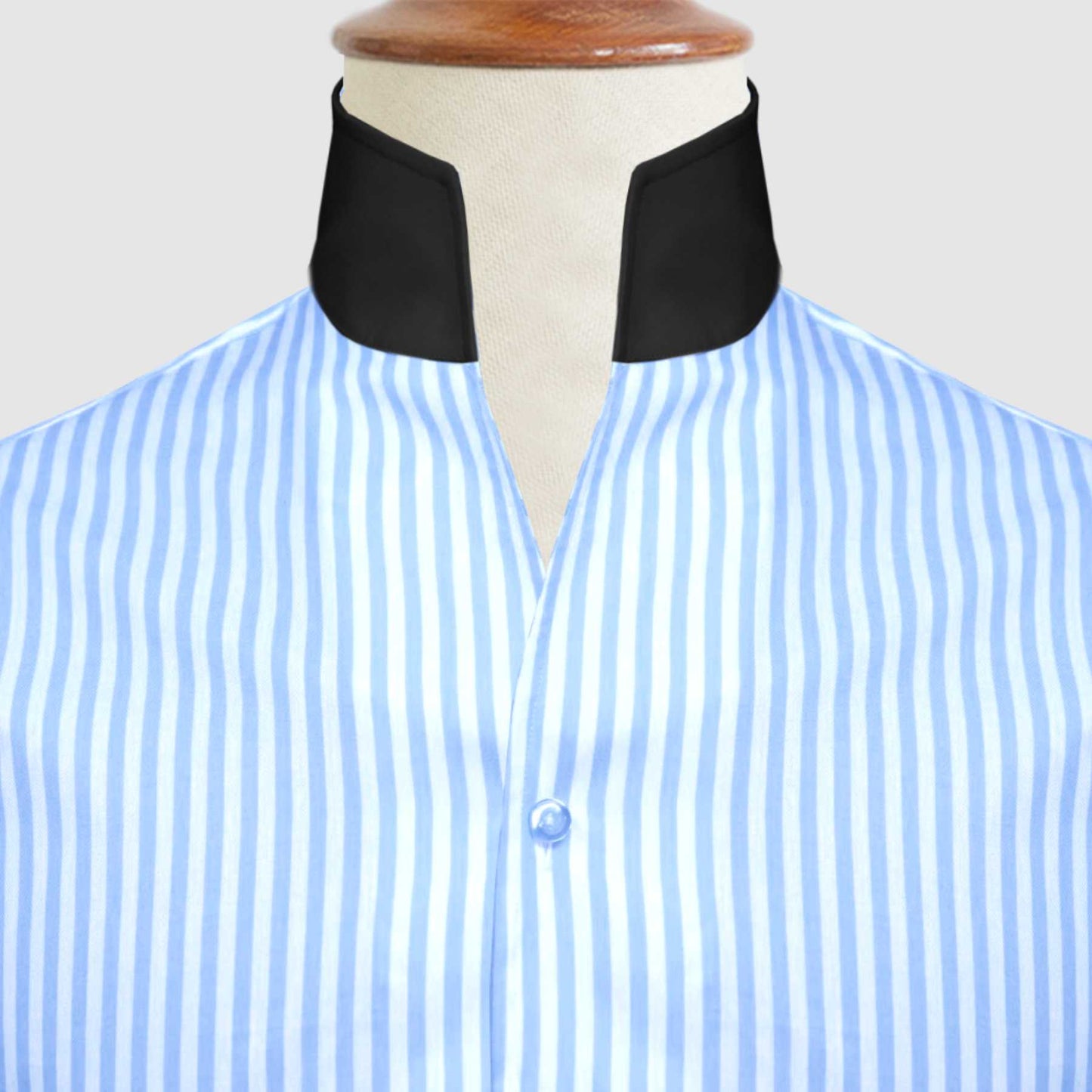 Sky Blue Striped One Piece Collar Shirt For Men Gift Giza Cotton Satin High Tall Neck Stiff Collar Shirt Chinese Mandarin Band Collar Dress Shirt