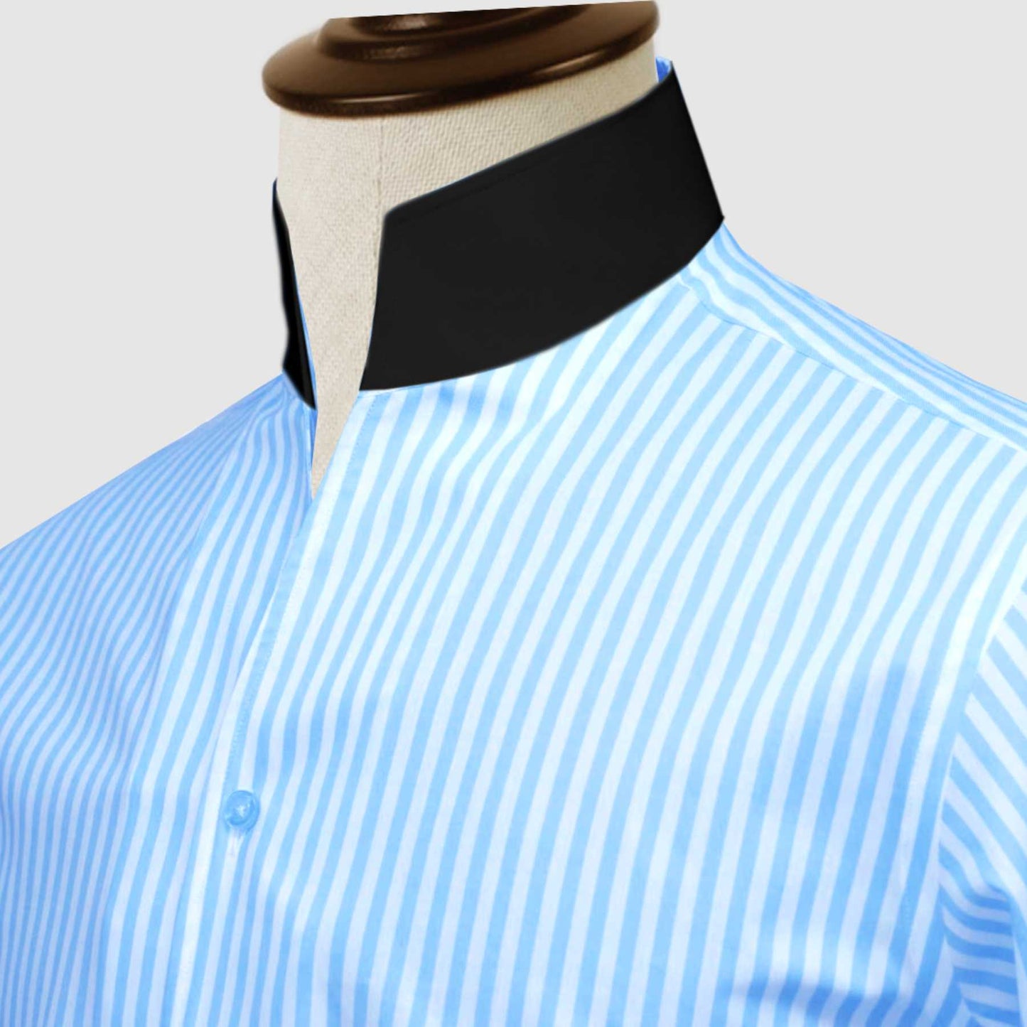 Sky Blue Striped One Piece Collar Shirt For Men Gift Giza Cotton Satin High Tall Neck Stiff Collar Shirt Chinese Mandarin Band Collar Dress Shirt