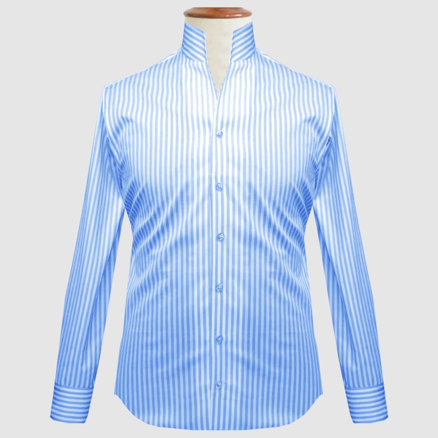 Sky Blue Striped One Piece Collar Shirt For Men Gift Giza Cotton Satin High Tall Neck Stiff Collar Shirt Chinese Mandarin Band Collar Dress Shirt