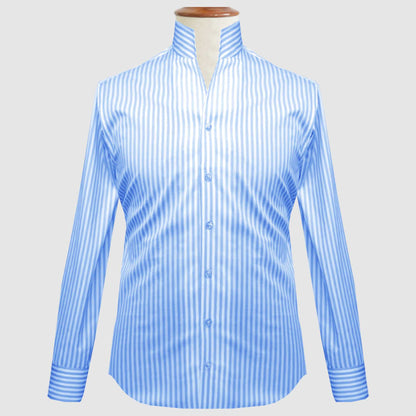 Sky Blue Striped One Piece Collar Shirt For Men Gift Giza Cotton Satin High Tall Neck Stiff Collar Shirt Chinese Mandarin Band Collar Dress Shirt
