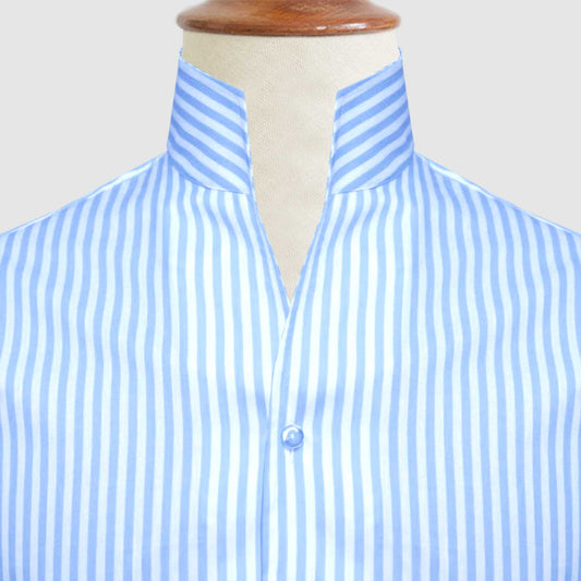 Sky Blue Striped One Piece Collar Shirt For Men Gift Giza Cotton Satin High Tall Neck Stiff Collar Shirt Chinese Mandarin Band Collar Dress Shirt