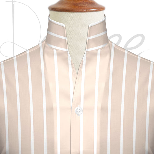 Cream Striped One Piece Collar Shirt For Men Gift Giza Cotton Satin High Tall Neck Stiff Collar Shirt Chinese Mandarin Band Collar Dress Shirt