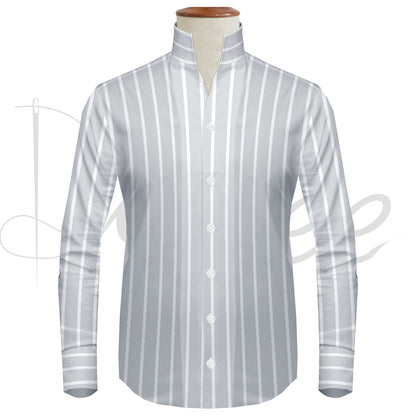 Gray Striped One Piece Collar Shirt For Men Gift Giza Cotton Satin High Tall Neck Stiff Collar Shirt Chinese Mandarin Band Collar Dress Shirt