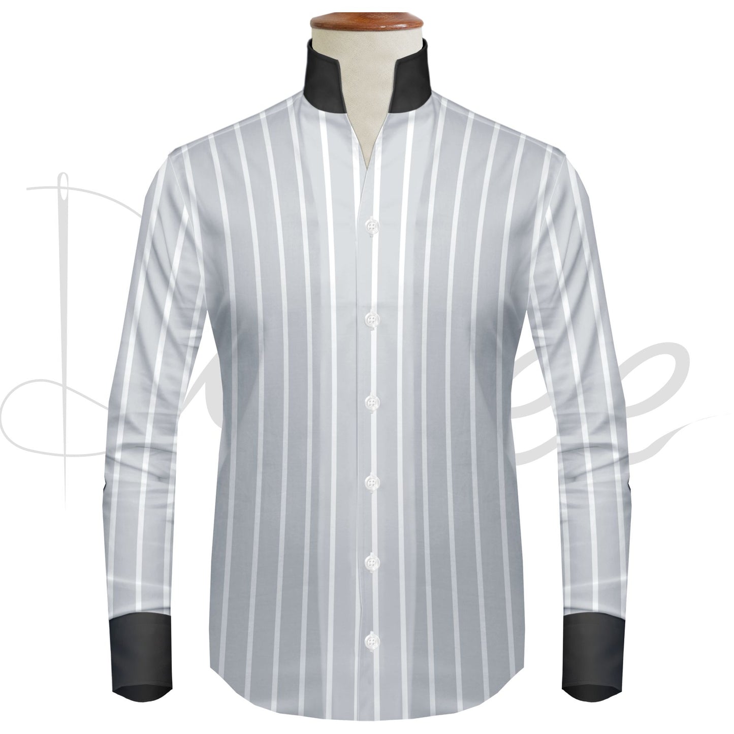 Gray Striped One Piece Collar Shirt For Men Gift Giza Cotton Satin High Tall Neck Stiff Collar Shirt Chinese Mandarin Band Collar Dress Shirt