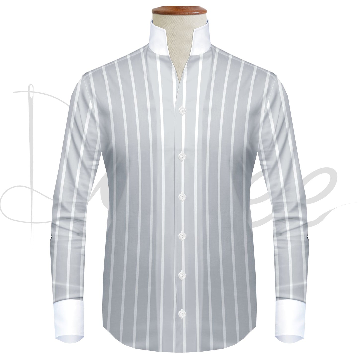 Gray Striped One Piece Collar Shirt For Men Gift Giza Cotton Satin High Tall Neck Stiff Collar Shirt Chinese Mandarin Band Collar Dress Shirt
