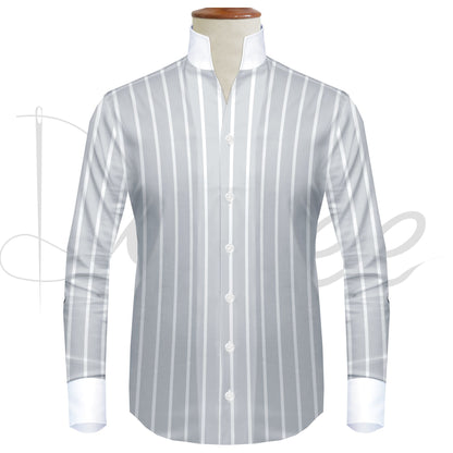Gray Striped One Piece Collar Shirt For Men Gift Giza Cotton Satin High Tall Neck Stiff Collar Shirt Chinese Mandarin Band Collar Dress Shirt