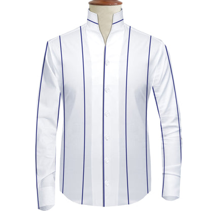 Navy Striped One Piece Collar Shirt For Men Gift Giza Cotton Satin High Tall Neck Stiff Collar Shirt Chinese Mandarin Band Collar Dress Shirt