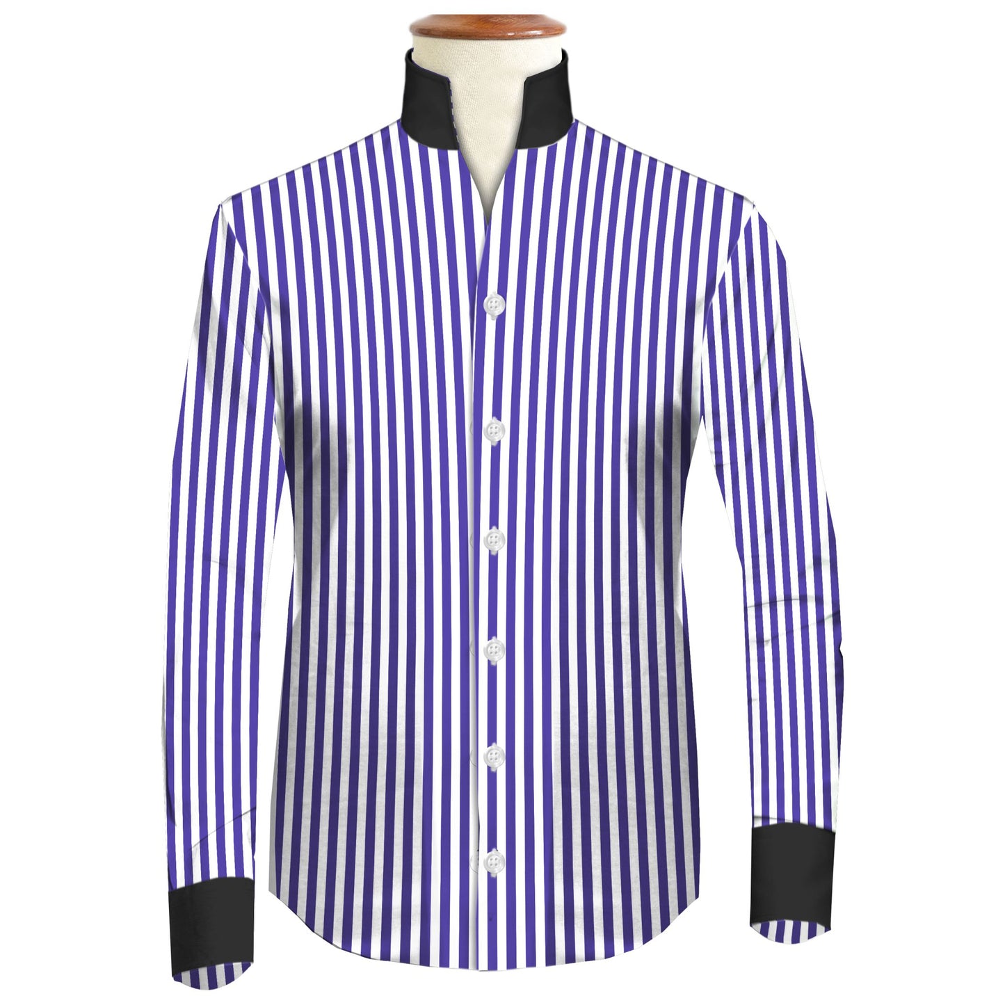 Navy Blue Striped One Piece Collar Shirt For Men Gift Giza Cotton Satin High Tall Neck Stiff Collar Shirt Chinese Mandarin Band Collar Dress Shirt