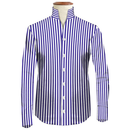Navy Blue Striped One Piece Collar Shirt For Men Gift Giza Cotton Satin High Tall Neck Stiff Collar Shirt Chinese Mandarin Band Collar Dress Shirt