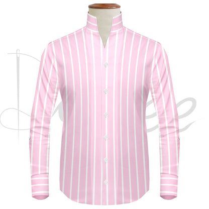 Pink Striped One Piece Collar Shirt For Men Gift Giza Cotton Satin High Tall Neck Stiff Collar Shirt Chinese Mandarin Band Collar Dress Shirt