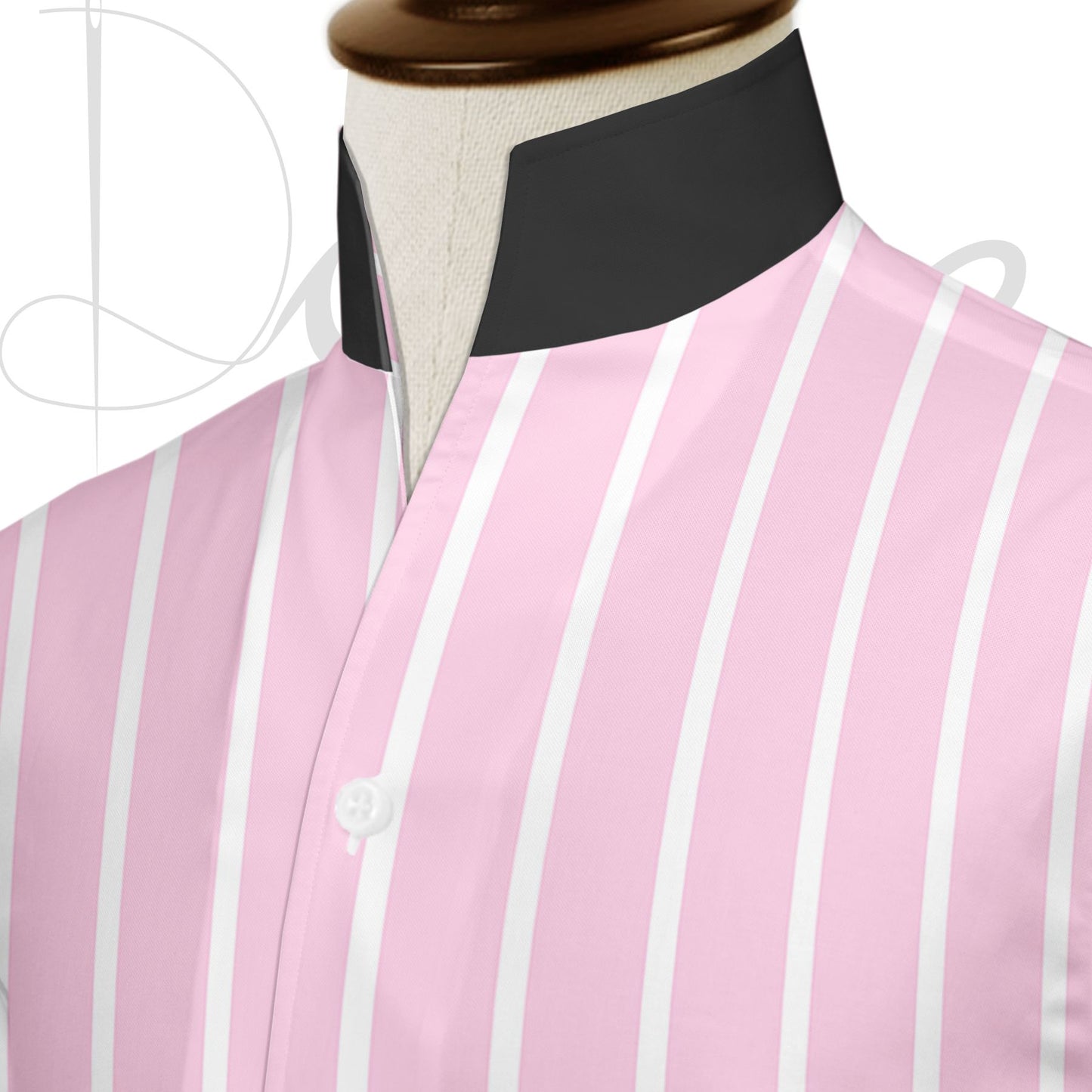 Pink Striped One Piece Collar Shirt For Men Gift Giza Cotton Satin High Tall Neck Stiff Collar Shirt Chinese Mandarin Band Collar Dress Shirt