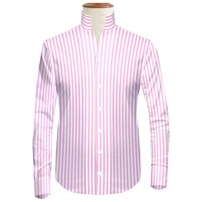 Pink Striped One Piece Collar Shirt For Men Gift Giza Cotton Satin High Tall Neck Stiff Collar Shirt Chinese Mandarin Band Collar Dress Shirt