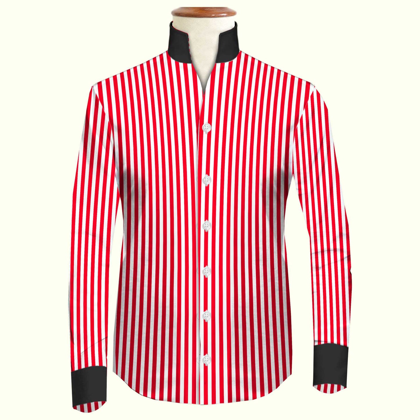 Red Striped One Piece Collar Shirt For Men Gift Giza Cotton Satin High Tall Neck Stiff Collar Shirt Chinese Mandarin Band Collar Dress Shirt