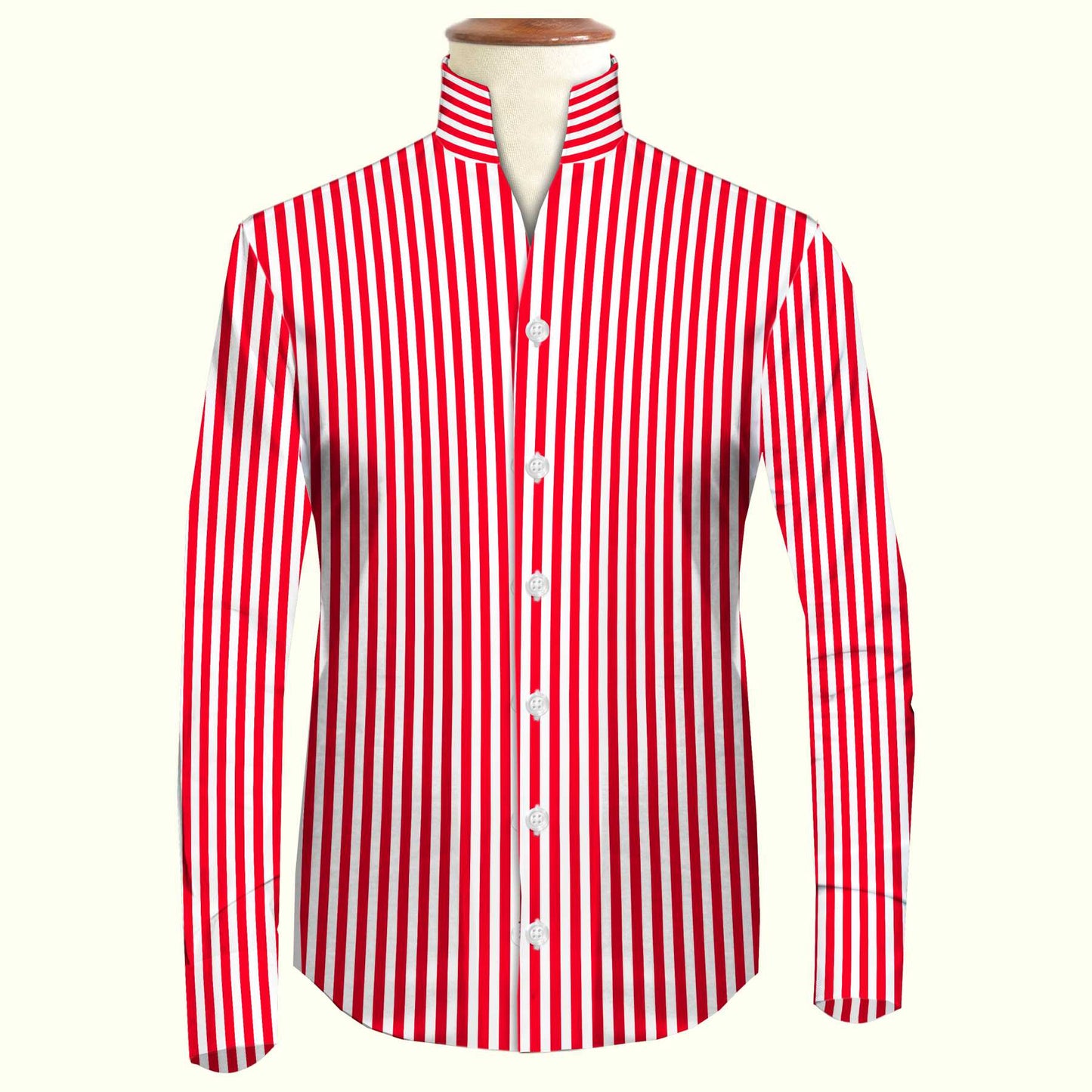 Red Striped One Piece Collar Shirt For Men Gift Giza Cotton Satin High Tall Neck Stiff Collar Shirt Chinese Mandarin Band Collar Dress Shirt